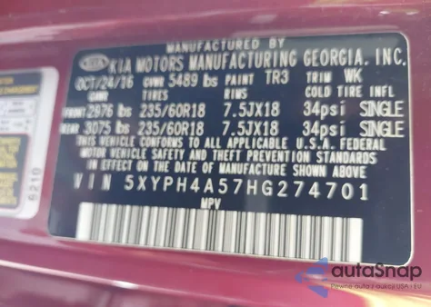 2017 Kia Sorento Ex z USA, uszkodzony, nr VIN 5XYPH4A57HG274701